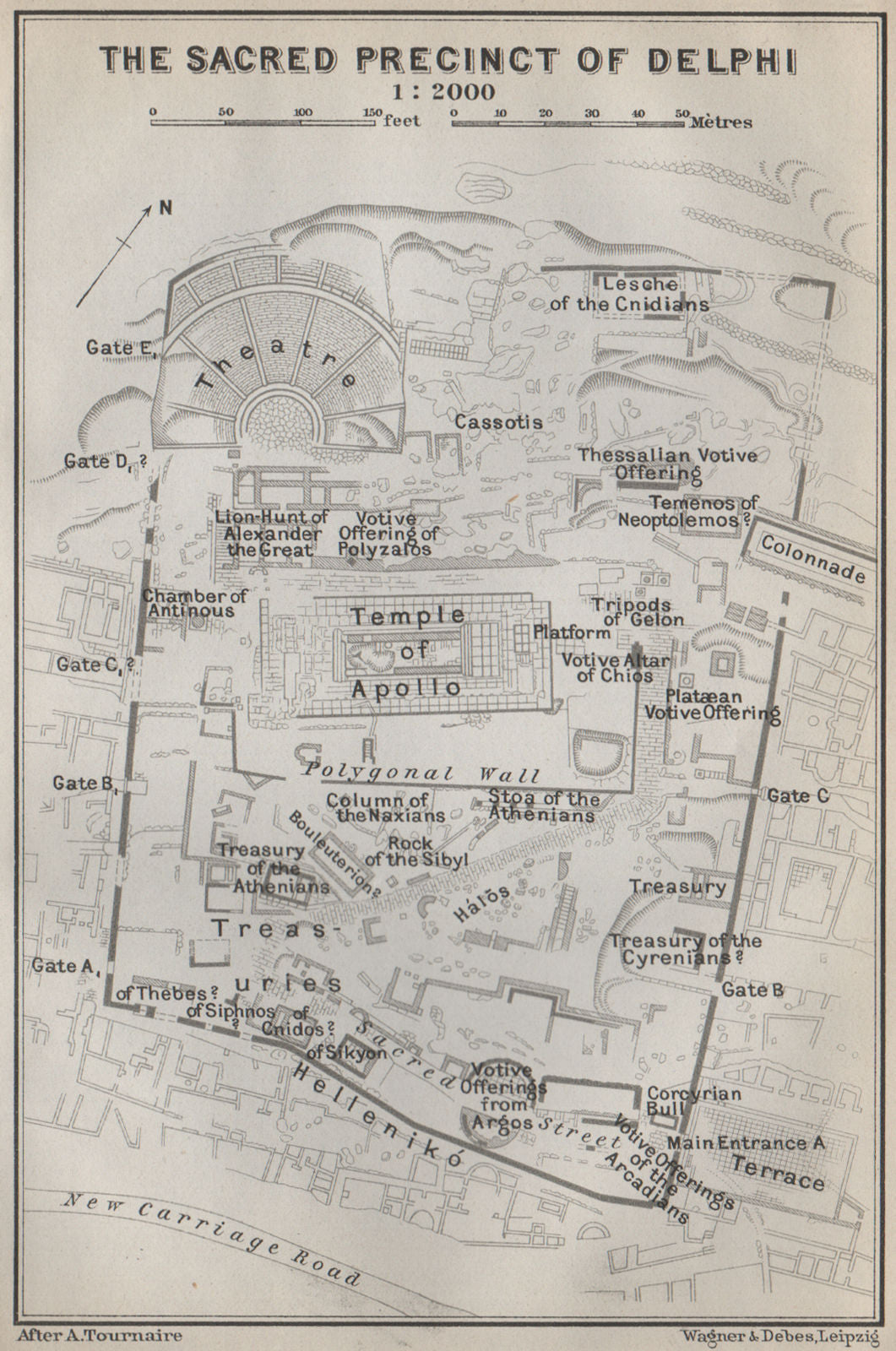 THE SACRED PRECINCT AT DELPHI ground plan. Greece. BAEDEKER 1909 old map